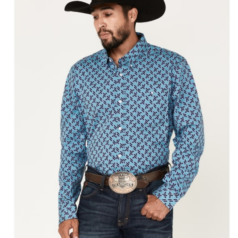 Rank 45 Tie Down Geo Print Western Long Sleeve Shirt Blue Mens Large